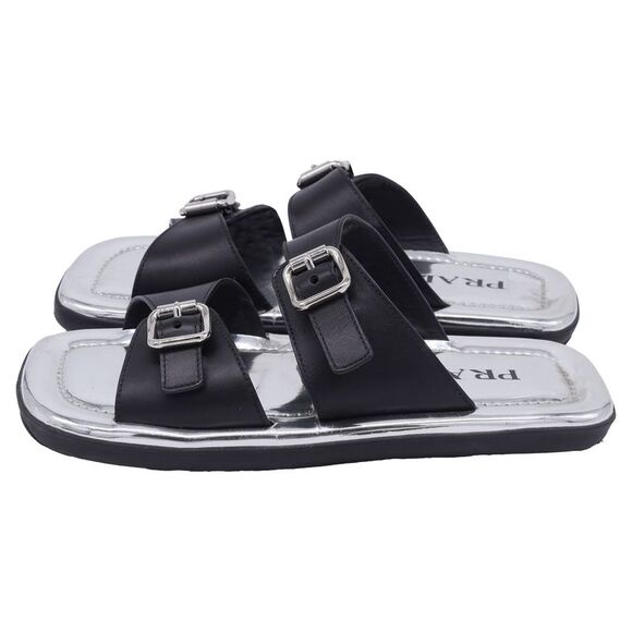 Prada Buckled Flat Sandals in Silver Leather - Picture 4 of 8